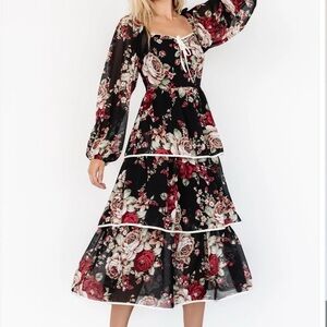 NWOT Baltic Born Black and Red Floral Long Sleeve Dress